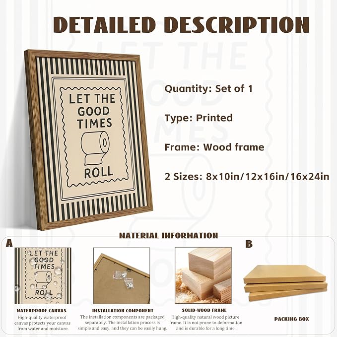 Framed Let The Good Times Roll Bathroom Print, Vintage Funny Toilet Quote Canvas Wall Art, Stripes Bathroom Picture Poster, Downstairs Toilet Painting Wall Decor 16x24 inch