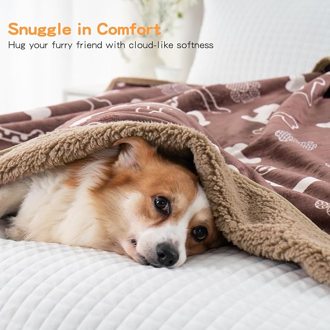 Washable Waterproof Dog Blankets for Large Dogs 60"x80" | Soft Fluffy Pet Blanket for Couch Sofa Car Crate Bed Protector, Reversible Sherpa Fleece Dog Blanket, Chocolate Brown-Bones
