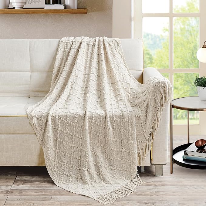 BOURINA Beige Throw Blanket 50 x70 Inch Jacquard Throw Knitted Blanket | Jacquard Argyle Throw Textured Solid Soft Throws and Blankets for Sofa or Bed Knitted Decorative Blanket