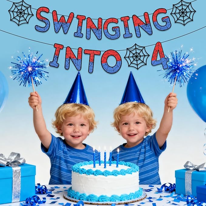 Spider Themed 4th Birthday Banner Glitter Swinging into 4 Banner Pre-strung Ghost Spider Web 4th Birthday Decorations Party Supplies for Third 4 Year Old Boys Girls Kids(4 Years)