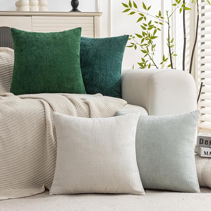 Set of 4 Soft Textured Decorative Throw Pillow Covers 24x24 Inch Cozy Farmhouse Cushion Cover Square Accent Pillow Cases for Bed Couch Sofa Living Room, White Aqua Green