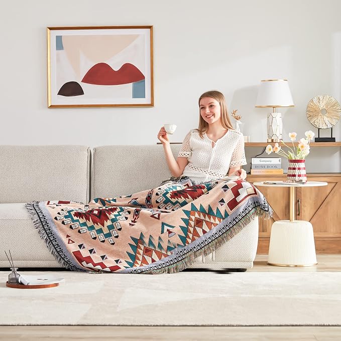 Native American Blanket Boho Throw Blanket for Sofa and Bed, Mexican Decorative Farmhouse Blanket, Southwest Decor Woven Blankets, Aztec Throw Blankets Bohemian with Tassel(Brown,50×60 inch)