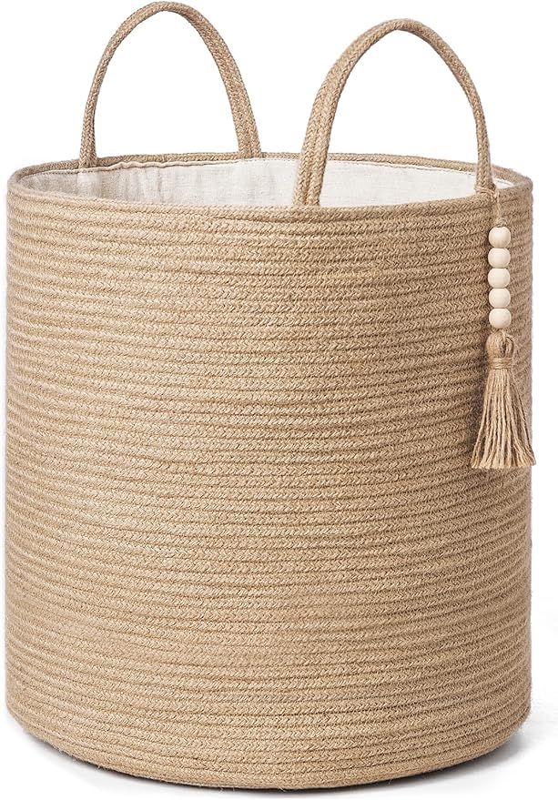 Mkono Woven Storage Basket for Blanket, Toys Plant Organizer, 15"W x 17.7"L | Brown, Jute, Decorative Basket with Handle, Wood Beads Tassel, Shoes Towel Clothes Storage Bin, Living Room Bedroom Nursery