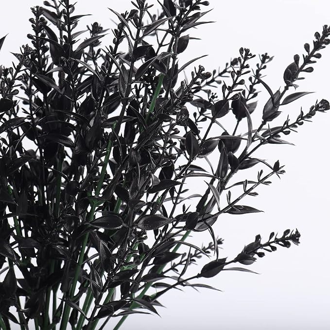 RECUTMS 20 Bundles Fake Black Decor Artificial Greenery Outdoor Flowers | Autumn Plastic Shrubs,Fake Plants,UV Resistant, Indoor/Outdoor Use, Hanging Fall Decorations,Halloween,Black Wedding