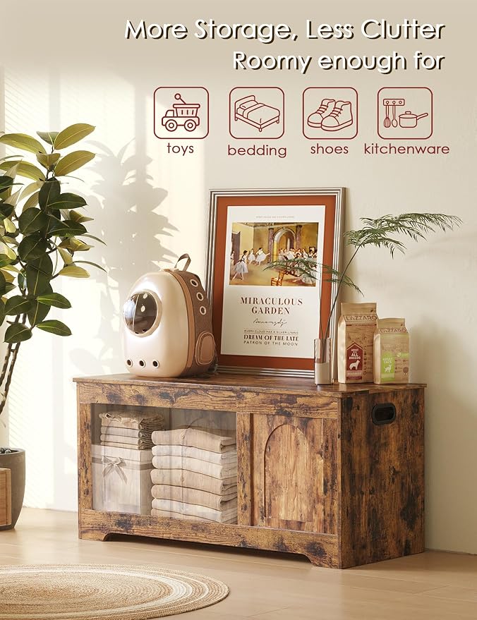 Storage Chest, Wooden Toy Box, Rustic Brown 39.4" L | Entryway Shoe Bench, 2 Soft-close Hinges, Finger-safe Flip-Top Lid, Easy Assembly, Farmhouse Large Trunk, Living Room/Bedroom