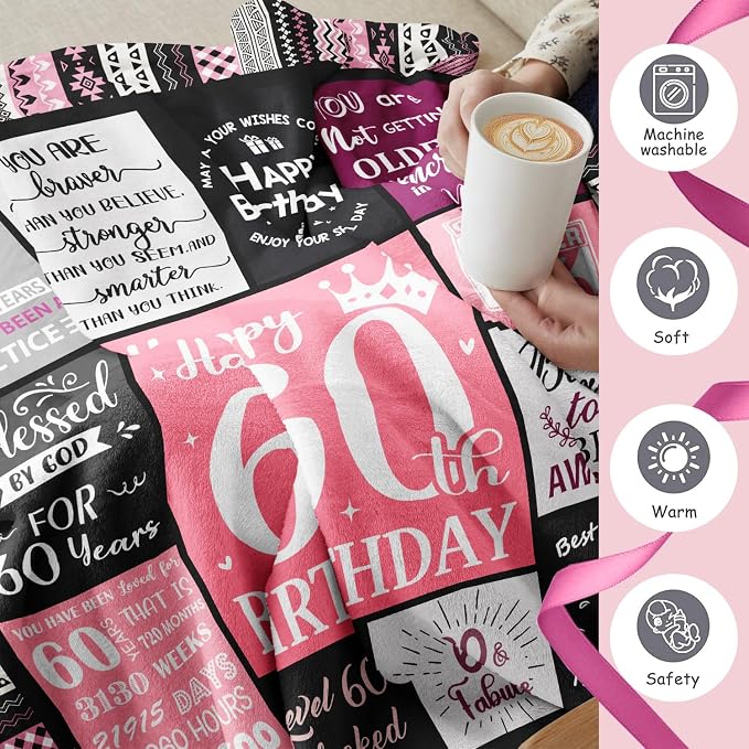 Ivivis 60th Birthday Gifts for Women Throw Blanket 60”X50”, Happy 60th Birthday Decorations Gift Ideas for 60 Year Old Woman, 1966 Bday Gifts for Mom Grandma