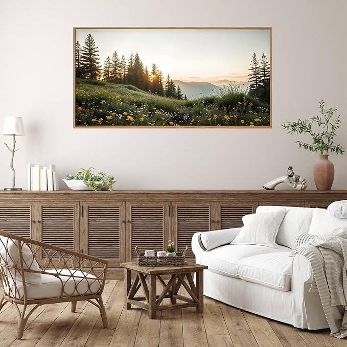 FWIEXA Green Forest Mountain Framed Canvas Wall Art Set, Wildflower Meadow Wall Decor, Floral Pictures Artwork, Nature Sunset Landscape Art Prints for Living Room, Bedroom, Office - Size 20"x40"