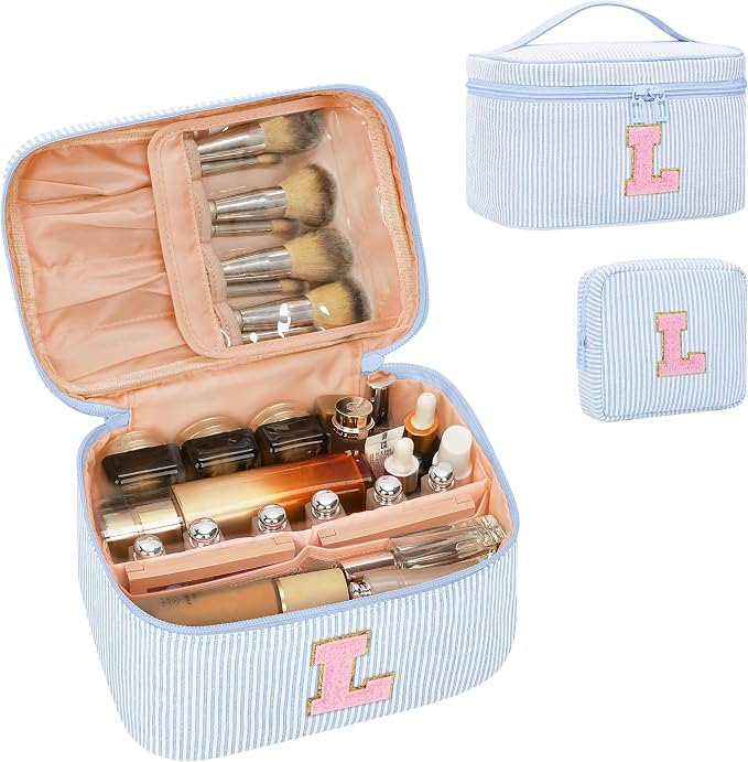 MONSTINA Personalized Initial Makeup Bag with Brush Holder and Divider for Women,Make Up Case for Girlfriend Bridesmaid Wife,Birthday Gift for Her Cute Toiletry Bag,2PCS,Blue L