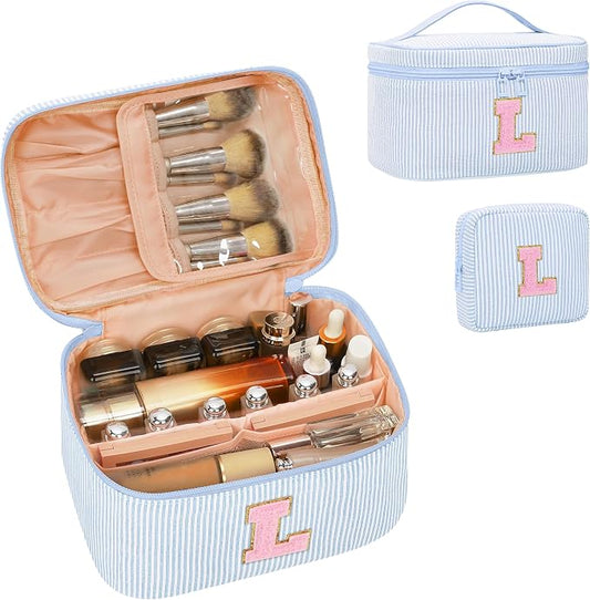 MONSTINA Personalized Initial Makeup Bag with Brush Holder and Divider for Women,Make Up Case for Girlfriend Bridesmaid Wife,Birthday Gift for Her Cute Toiletry Bag,2PCS,Blue L