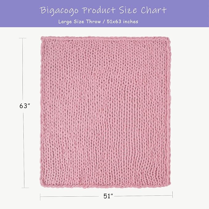 Bigacogo Chunky Knit Throw Blanket for Couch, 51x63 inches, Blush Pink | Hand Knit with Jumbo Chenille, Soft Breathable Cable Knit for Sofa Bed Living Room, Machine Washable, Gift for Mom Friend
