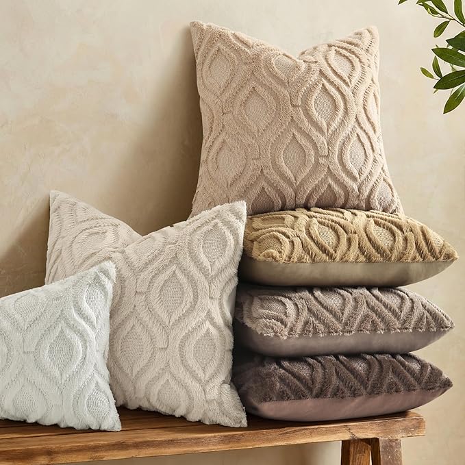 decorUhome Faux Fur Soft Light Khaki Throw Pillow Covers 18x18 Set of 2 | Plush Solid Fall Couch Pillow Covers, Accent Modern Farmhouse Neutral Decorative Square Pillow Cases for Sofa Bed Living Room