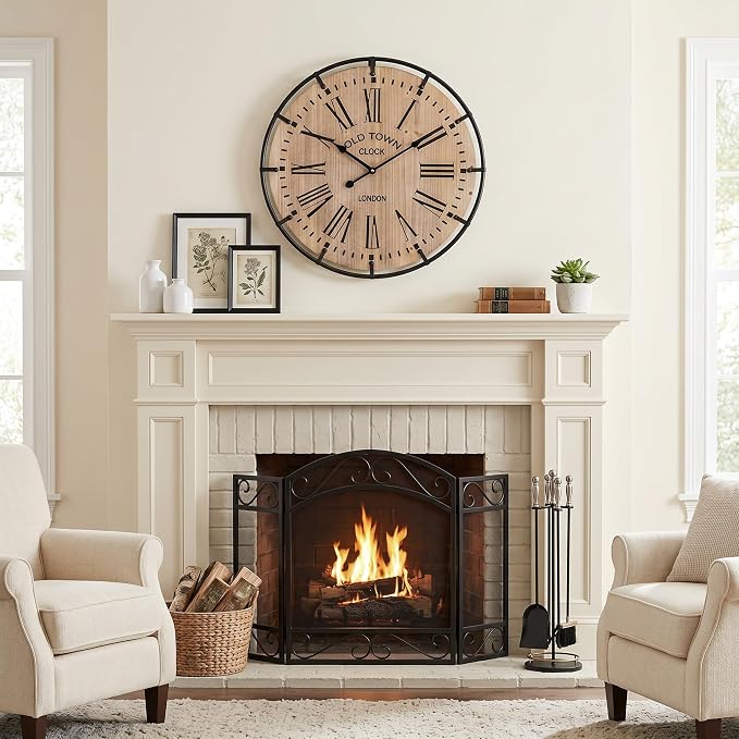 EMAX HOME 20 Inch Large Farmhouse Wall Clock, Light Wood Grain Face with Black Metal Frame, Silent Non-Ticking Quartz Movement, Easy-to-Read Roman Numerals, for Living Room, Bedroom, Kitchen.