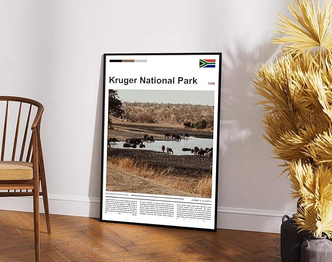 Poster Kruger National Park Wall Art Original Design(30"x20" Golden Frame) South Africa Safari Wildlife Print African Buffalo Savanna Landscape Nature Scenery Travel Landmark Series Picture