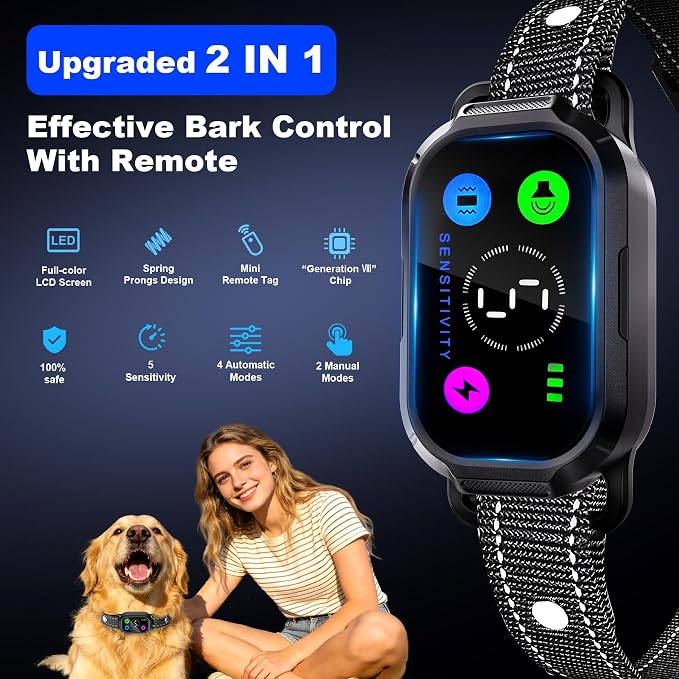 Dog Bark Collar with Remote Control,Smart 2-in-1 Automatic & Manual Anti Barking Dog Training Collar with Beep,Vibration,Static Modes for Large Medium Small Dogs,5 Adjustable Sensitivity