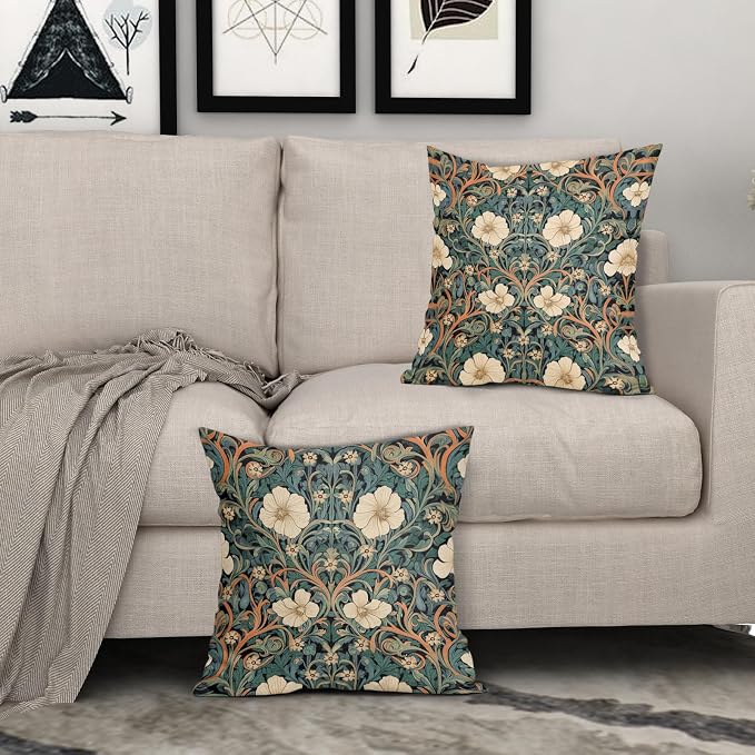 Vintage Floral Lumbar Pillow Covers 22x22 Inch Orange Whtie Green Toile Flowers Pillow Cases Chinoiserie Aesthetic Tapestry Linen Cushion Case Farmhouse Home Decor for Sofa Couch Porch Outdoor Set 2
