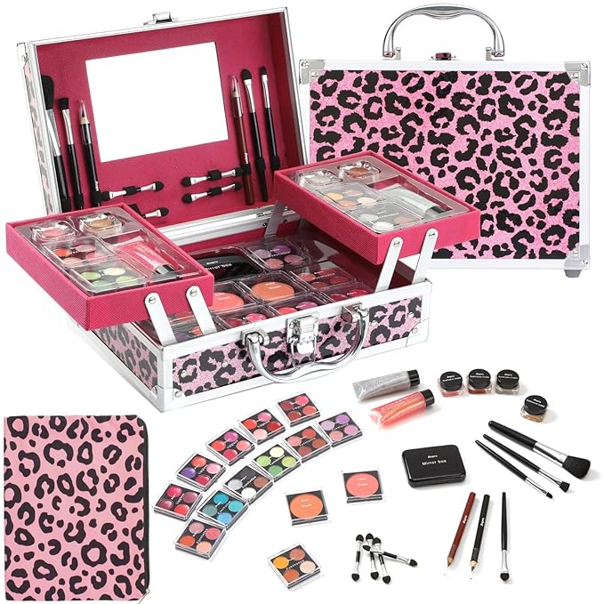 Anpro All-In-One Leopord Double Folding Makeup Kit with Case, Pro Teen Makeup Set, Full Starter Kit with Makeup Brushes, Lipsticks, Eyeshadow Palette, Blushes, Glitter Gel, Ideal Present for Girls