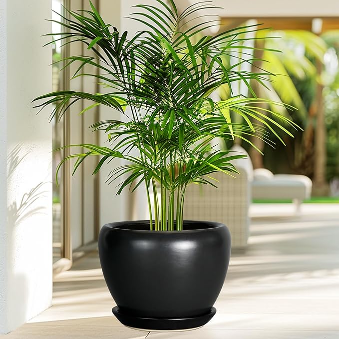 Ceramicfor Ceramic Planter Pot - 8 Inch Plant Pot with Drainage Hole and Saucer Round Planter for Indoor Plants Modern Outdoor Flower Pot for House Balcony Black
