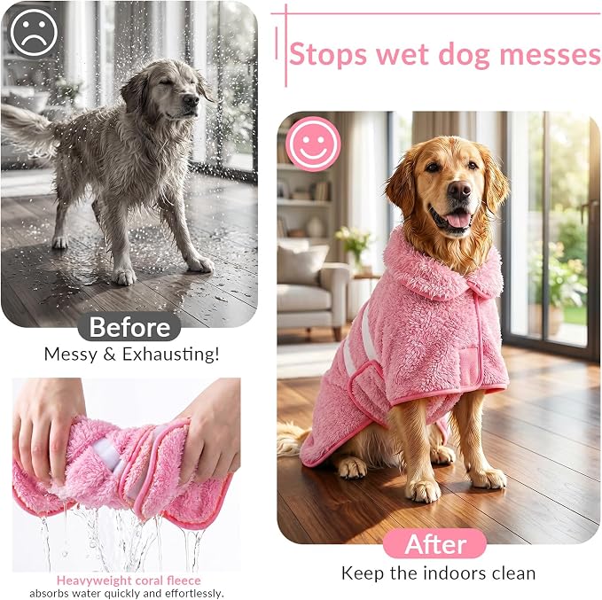 Bienbee Dog Bathrobe, Super Absorbent for Small to Large Dogs, Pink XL | Dog Robes with Soft Fleece, Warm & Cozy, Adjustable Fit, and Quick Drying Coat for Baths Swimming and Grooming
