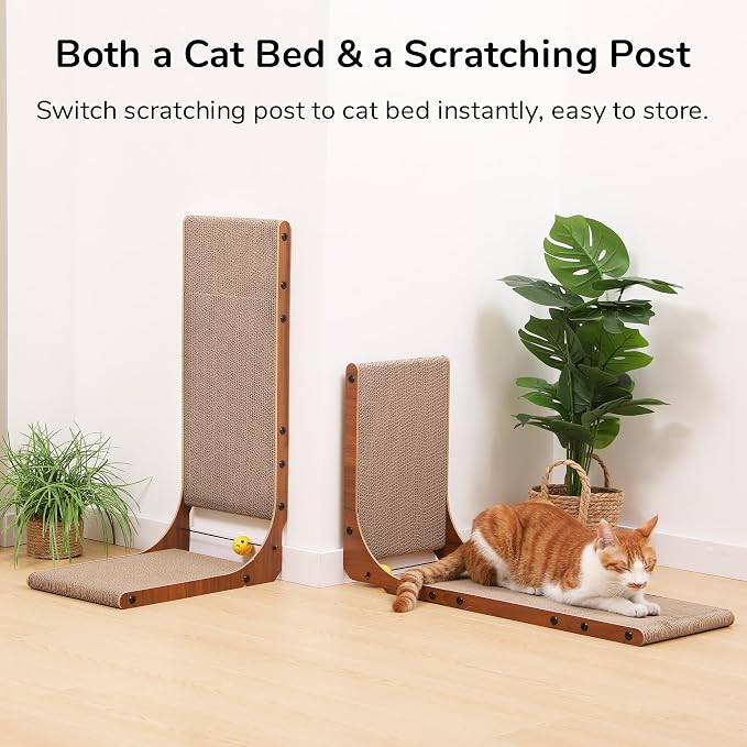 FUKUMARU Cat Scratcher for Indoor Cats, 26.8 Inch Cat Scratch Pad L Shaped | 2 Packs Cardboard Cat Scratcher, Vertical Cat Scratching Board with Ball Toy, Walnut Color