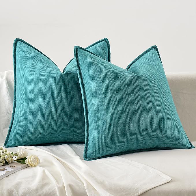 MIULEE Pack of 2 Teal Decorative Chenille Pillow Covers 18x18 Inch | Soft Couch Throw Pillows,Farmhouse Cushion Covers with Elegant Design for Sofa,Bedroom,Living Room,Spring Home Decor