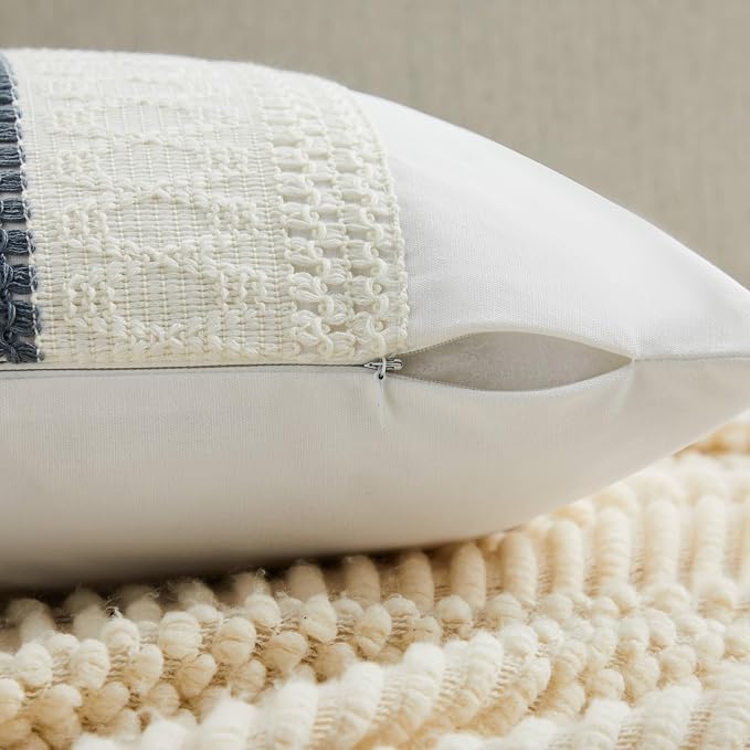 2pk Boho Pillow Covers 12x20, Natural White/Contrast/Navy | 100% Organic Cotton Body, Stripe Embroidery, Farmhouse Decorative Cushion Covers for Sofa Bed Living Room Home Decor