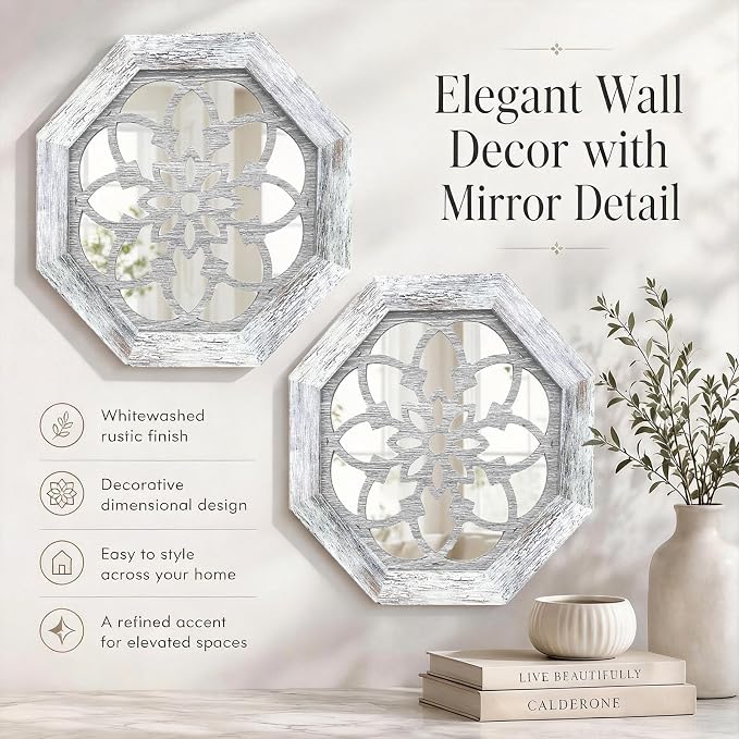 2 Pack 12 Inch Octagon Grey Rustic Wood Frame Acrylic Wall Mirrors, Farmhouse Boho Wall Art Decor for Living Room, Bedroom, Hallway, Entryway, Bathroom & Office