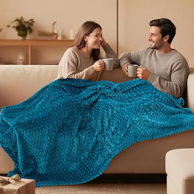 Vessia Flannel Fleece Throw Blanket(50x70 inch), 3D Jacquard Blue Fuzzy and Warm Blanket for Couch,Sofa,Bed, 300GSM Super Soft Touch Cozy Lightweight Throw for All-Season Home Decor