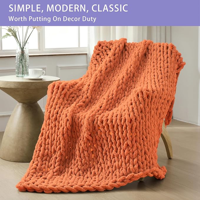 Bigacogo Chunky Knit Throw Blanket for Couch, 51x63 inches, Terracotta | Hand Knit with Jumbo Chenille, Soft Breathable Cable Knit for Sofa Bed Living Room, Machine Washable, Gift for Mom Friend