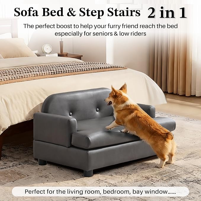 Luxury Dog Sofa Bed Elevated Pet Couch with Durable Waterproof Leather | Dog Couch with Orthopedic Sponge, Modern Furniture Style Dog Lounge & Pet Bedside Step, for Small/Medium Dogs/Cats, Gray