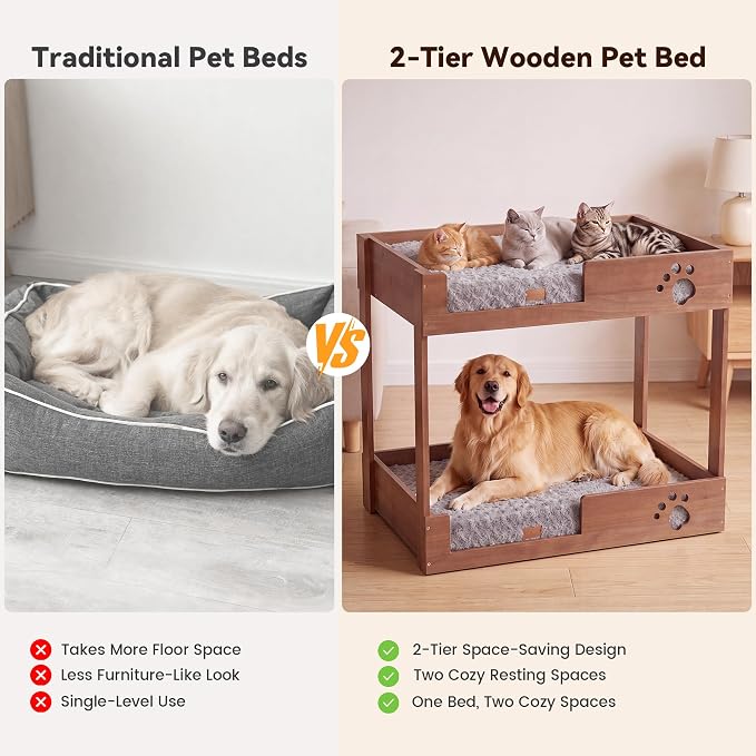 Wooden Bunk Dog Bed with 2 Memory Foam Beds | Modern Pet Furniture, Waterproof Liners, Washable Covers, 31.1 x 20.9 x 29.9 in, Bedside Window Perch, For Medium Dogs & Cats