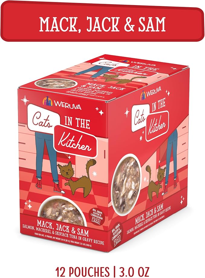 Weruva Cats in the Kitchen Mack, Jack & Sam with Mackerel, Skipjack & Salmon in Gravy Cat Food, 3oz Pouch (Pack of 12)
