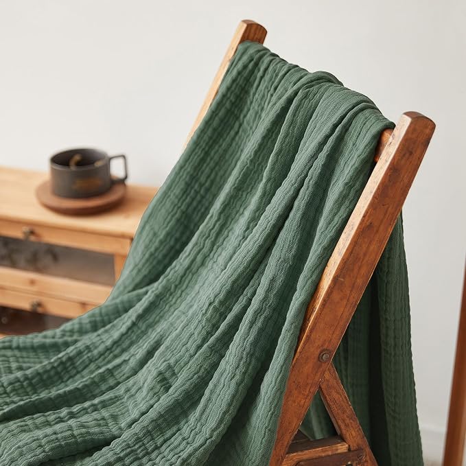 Simple&Opulence Cotton Muslin Throw Blanket for Bed, Couch, Knit Woven Gauze Blanket with Tassels, Soft Lightweight Cozy Pre-Washed Breathable Farmhouse Decoration for All-Season (Olive Green)