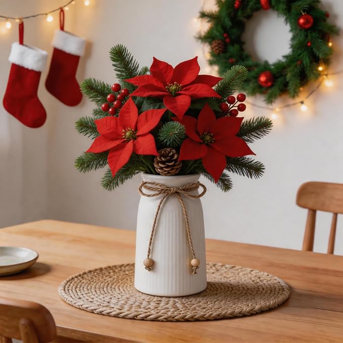 Rustic 6-Inch Ceramic Vase with Jute Rope & Wood Ball Charm for Home Décor, White Flower Vase for Table Centerpieces and Gifts, Ideal for Living Room, Bedroom