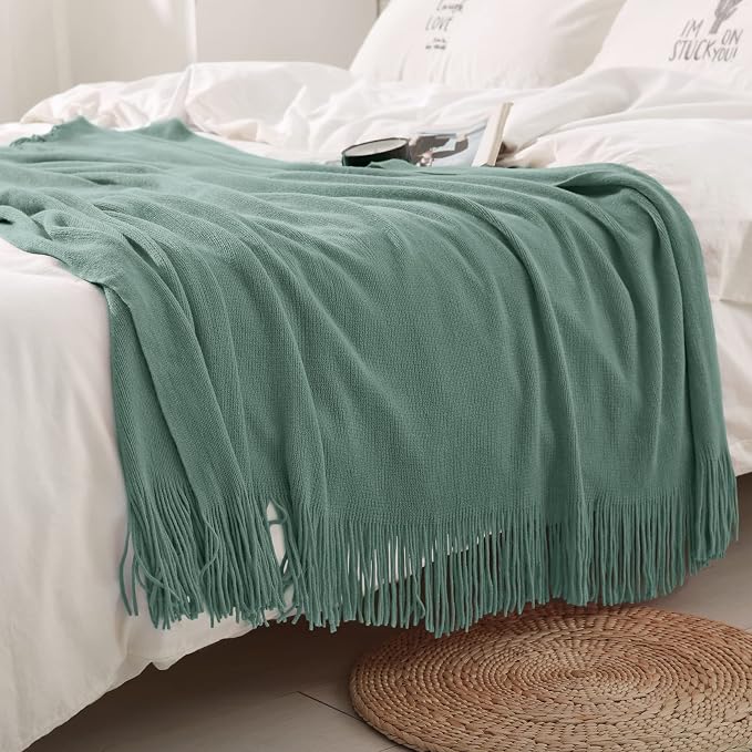 Homiest Sage Green Knitted Throw Blanket with Fringe, 50x60 Inch | Pure Acrylic, Lightweight & Breathable, All-Season Use, Machine Washable, Wrinkle & Fade Resistant, for Couch Sofa And Bed