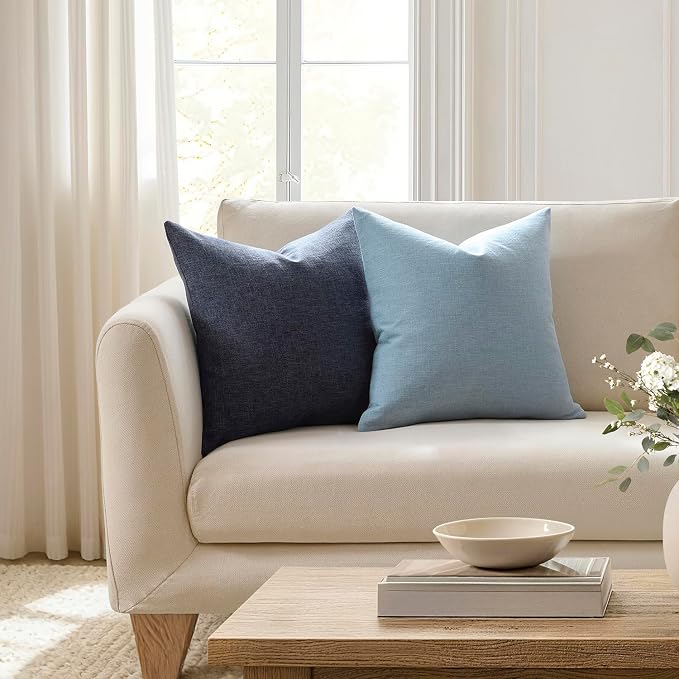 Meekio Set of 2 Deep Indigo Blue Throw Pillow Covers 16x16, Coastal Linen Blend Decorative Pillow Covers for Couch Sofa Bed, Beach House Home Decor