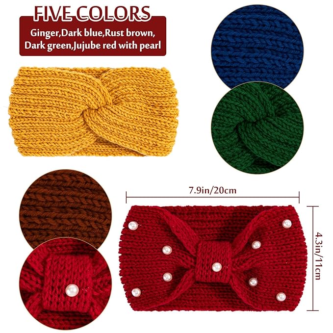 Whaline 5 Pieces Winter Knit Headbands Chunky Knit Headbands,4 Elastic Turban Head Wraps and 1 Pearl Crochet Hair Band, Ear Warmer Crochet Head Wraps for Women Girls (Bright & Dark Colors)
