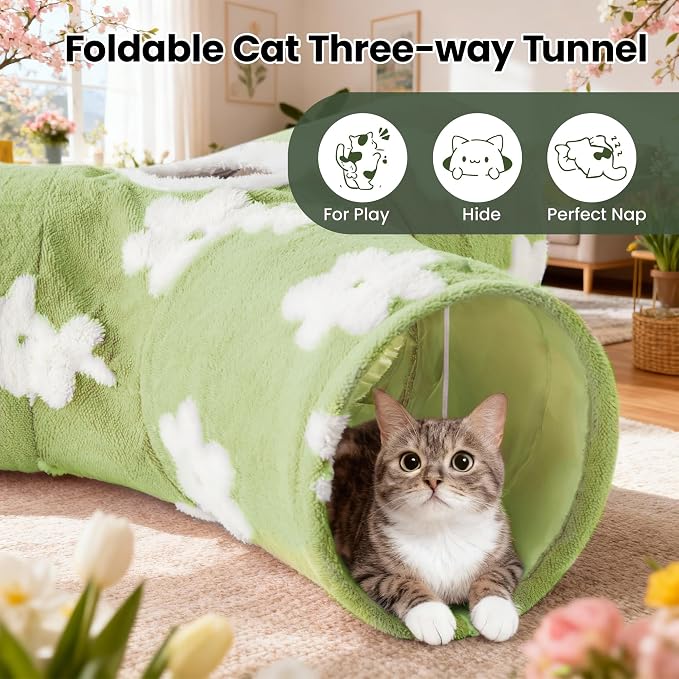 Tempcore Cat Tunnel, 3-Way Collapsible Toy for Indoor Cats, Daisy Green