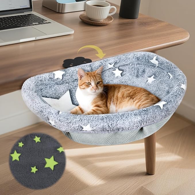 Cat Desk Bed, Adjustable Cat Desk Hammock, Cat Bed for Desk | Glow in The Dark, Removable Washable Cover, Sturdy Metal Frame, Desk Cat Bed, Cat Desk Perch, Supports up to 50 Lbs