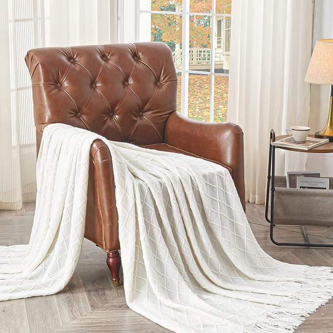 inhand Off White Knitted Throw Blanket for Couch and Bed, 60"x80" | Soft Cozy Knit Blanket with Tassel, Lightweight Decorative Blankets and Throws, Farmhouse Warm Woven for Men and Women