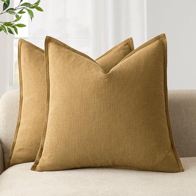 Foindtower Pack of 2, Decorative Linen Solid Throw Pillow Covers Soft Accent Cushion Case Boho Farmhouse Pillowcase for Chair Couch Sofa Bedroom Living Room Home Decor 18 x 18 Inch Honey Mustard