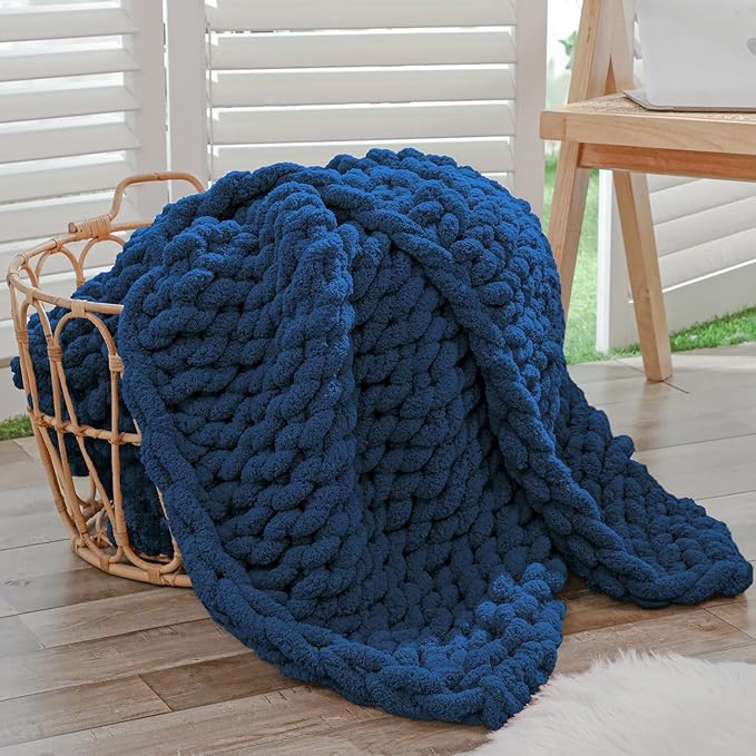 Bigacogo Chunky Knit Throw Blanket for Couch, 40x60 inches, Navy Blue | Hand Knit with Jumbo Chenille, Soft Breathable Cable Knit for Sofa Bed Living Room, Machine Washable, Gift for Mom Friend