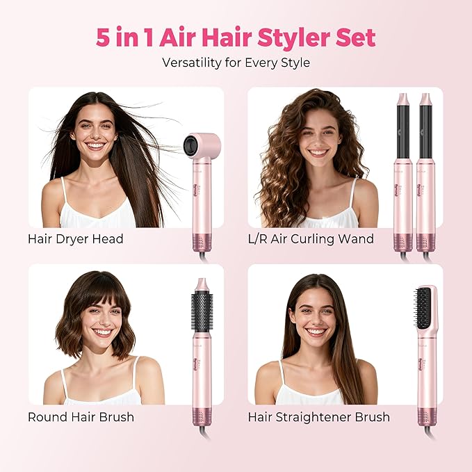 Atopskins 5 in 1 Hair Dryer Brush Set, Hot Air Styler, Detachable Blow Dryer Brush, 3 Heat Settings Auto Curling Wrap Styler, Ionic Hair Styling Tools, Straight Curl Dry Volumiz Smooth (Pink)