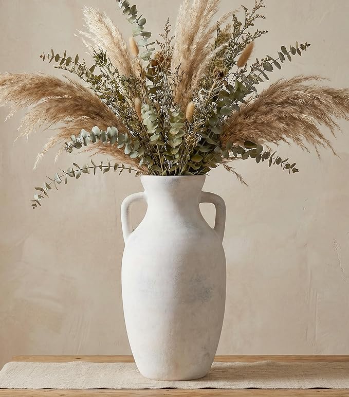 Ceramic Flower Vase with Handles, Neutral Tall Clay Decorative Terracotta Vases Farmhouse Table Vases Living Room Decor Rustic Pottery Pots for Home Shelf Coffee Dining Desk (A-12 h-Antique Beige)