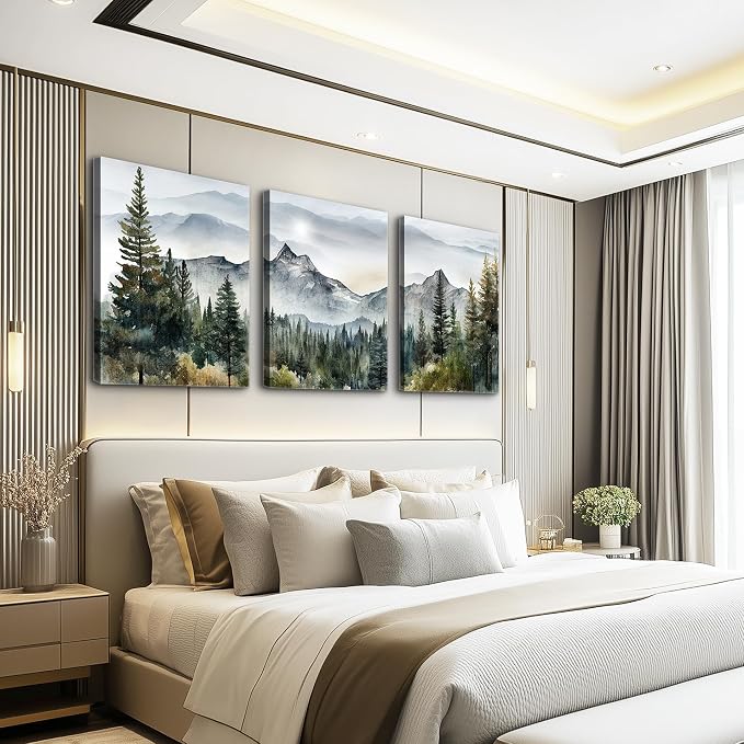 MHARTK66 3 Piece Framed Canvas Art Prints Wall Art for Living Room Modern Wall Decor for Bedroom Office Decor Abstract Mountain Forest Landscapes Ink Painting Ready to Hang Wall Pictures Home Decor
