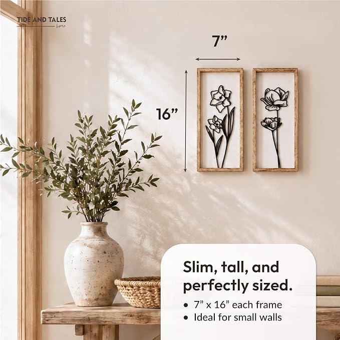 3D Black and White Wall Art (Set of 2) Lightweight, Wooden Ready-to-Hang Framed Floral Wall Art for Bathroom, Bedroom, Living Room or Office – Boho Botanical Farmhouse Decor – Gift-Boxed