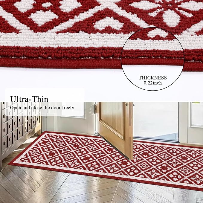 Ileading Runner Rugs for Hallways 2x10ft Heavy-Duty Durable Red Entryway Floor Mat with Non Slip Rubber Backing for Busy Traffic Extended Doormat Machine Washable Kitchen Throw Rug Valentine's Day