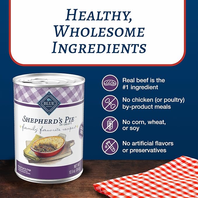 Blue Buffalo Family Favorites Beef Adult Wet Dog Food, 12.5 oz, 12 ct | Shepherd's Pie Recipe, Real Beef First, in Gravy, Feed as Treat, Topper, or Meal, No Corn, Wheat, or Soy