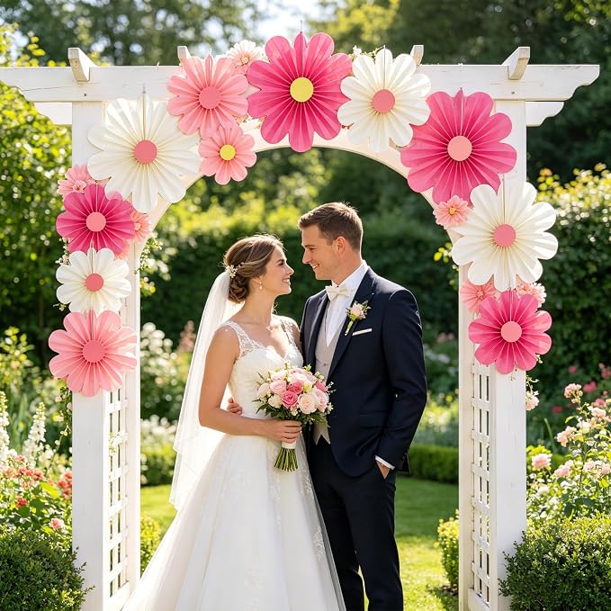 SUNBEAUTY Paper Flowers Decorations Pink Daisy Paper Flowers Decorations for Wall Hanging Paper Fans Decoration Floral Backdrop Decor for Birthday Wedding Baby Shower Classroom Decoration Set of 9