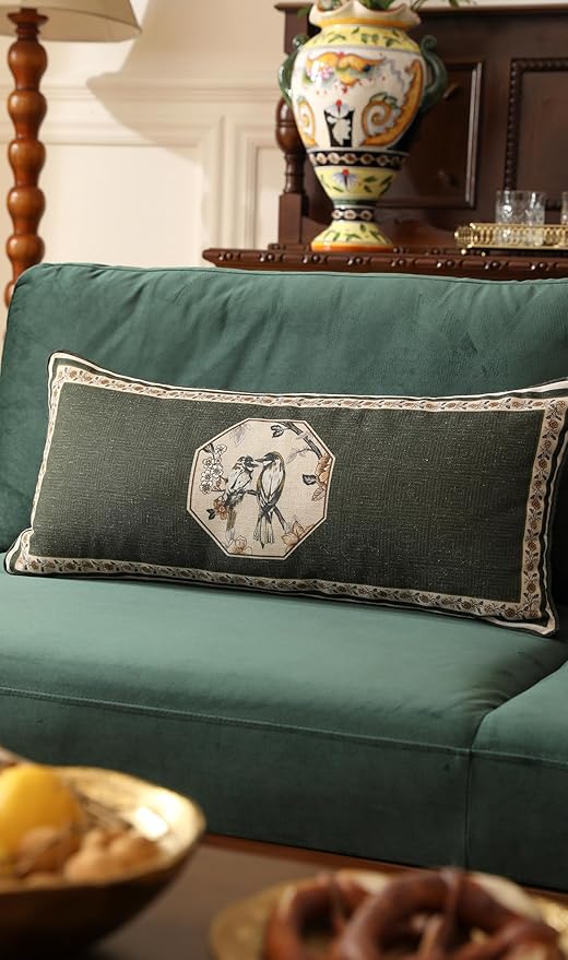 Vintage Elegant Linen Rectangle Throw Pillow Cover,28"x12"-Murad E | Designer French Green Pillow Cover,Concealed Zipper Design,Floral and Bird Pattern,Sofa,Bedroom,Living Room,Lounge Chairs
