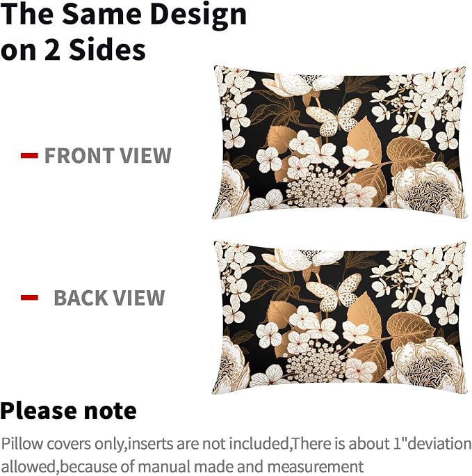 Vintage Floral Lumbar Pillow Covers 12X20 Inch Set of 2 White Flowers Gold Leaves Botanical Decorative Pillow Cases Rustic Leaf Black Cotton Linen Cushion Case Farmhouse Home Decor For Sofa Couch